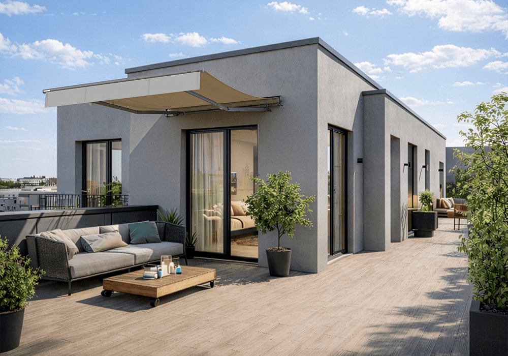 Moderne woonruimte op een dakterras met een markies en planten in potten. Topas II MiniMax