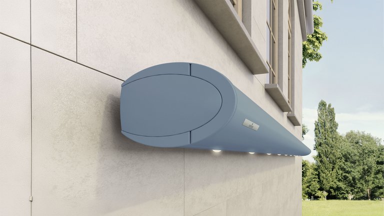 Ein länglicher, blauer Markisenkasten an einer Wand mit sanften Linien und LED-Spots.