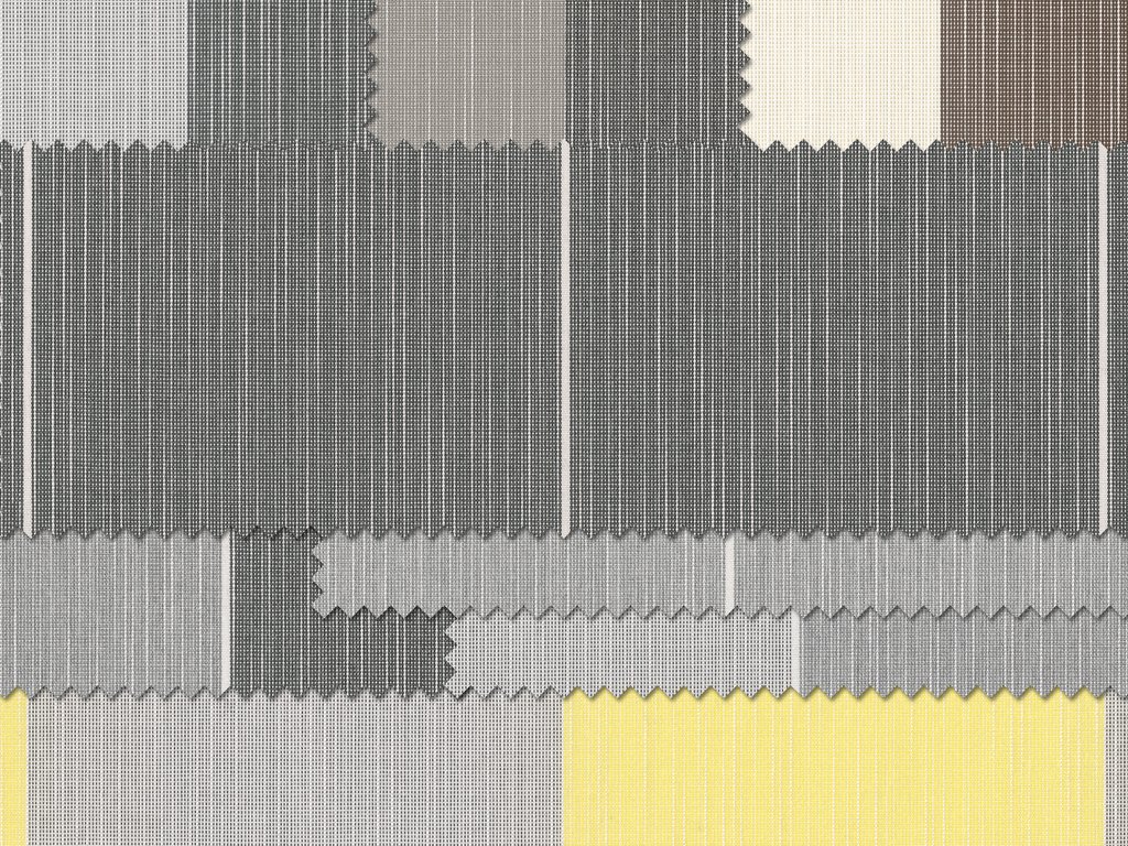 Een collage van stoffen in grijs, zwart en geel met verschillende texturen en patronen.