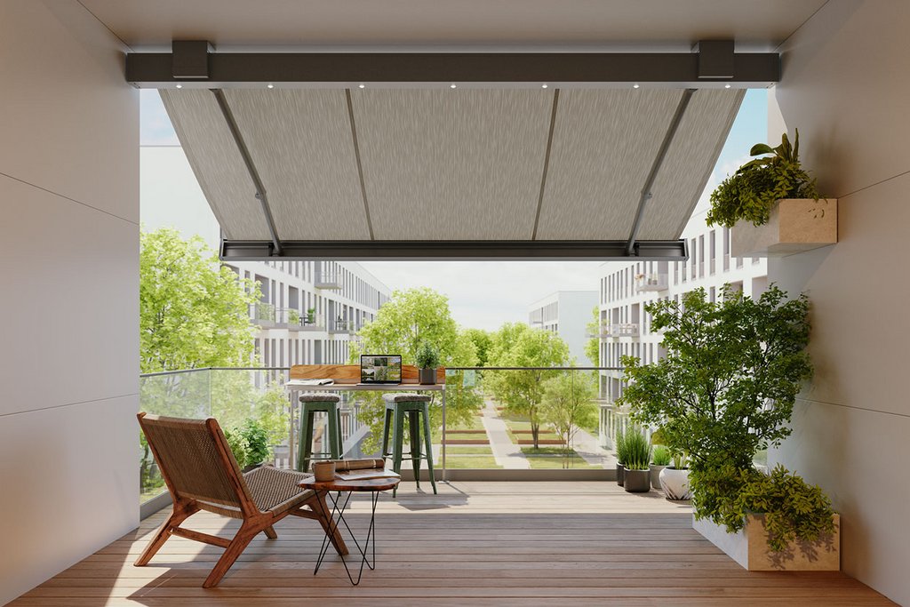 terras met een zonnescherm en groen planten in een moderne omgeving. terras met een zonnescherm en groen planten in een moderne omgeving.