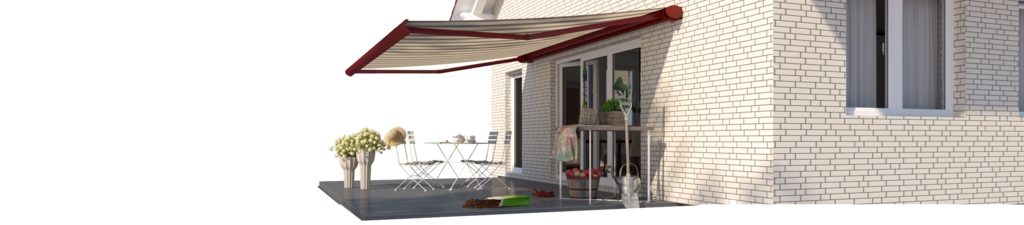 Een huis met een rode zonnescherm boven een terras, omgeven door een groene omgeving. Een huis met een rode zonnescherm boven een terras, omgeven door een groene omgeving.
