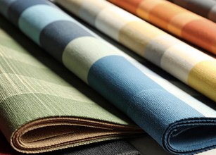 Stofrollen in verschillende kleuren en patronen, waaronder groen, blauw, geel en bruin. 