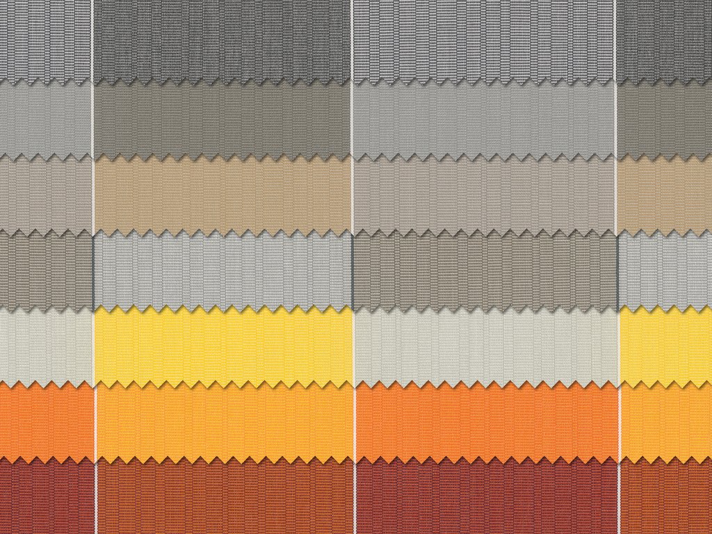 Stofstalen in diverse kleuren met golvende patronen en een zigzagrand, van grijs naar warm oranje.