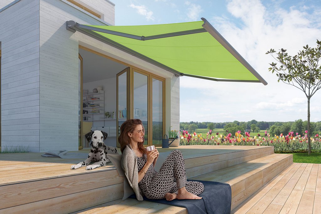 Een groene markies boven een houten terras, met een vrouw en een hond op de trappen. Een groene markies boven een houten terras, met een vrouw en een hond op de trappen.