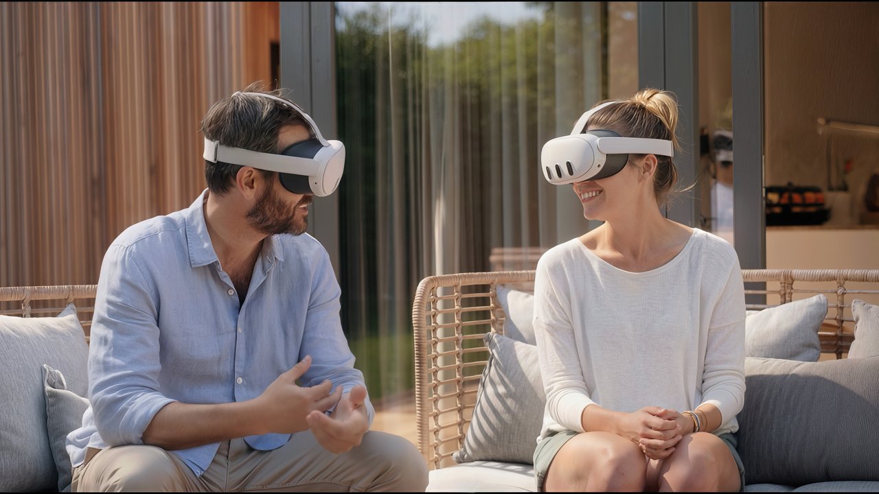 Twee mensen met virtual reality-brillen, zittend op een bank in een moderne omgeving.