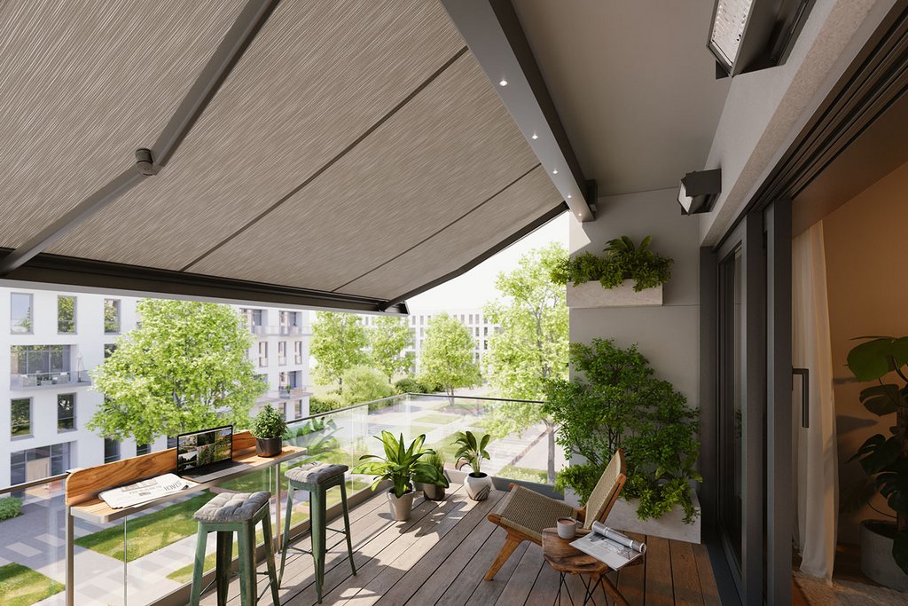 Terrassensituatie met een grote zonnescherm en moderne meubels, omgeven door groen en natuurlijk licht. Terrassensituatie met een grote zonnescherm en moderne meubels, omgeven door groen en natuurlijk licht.