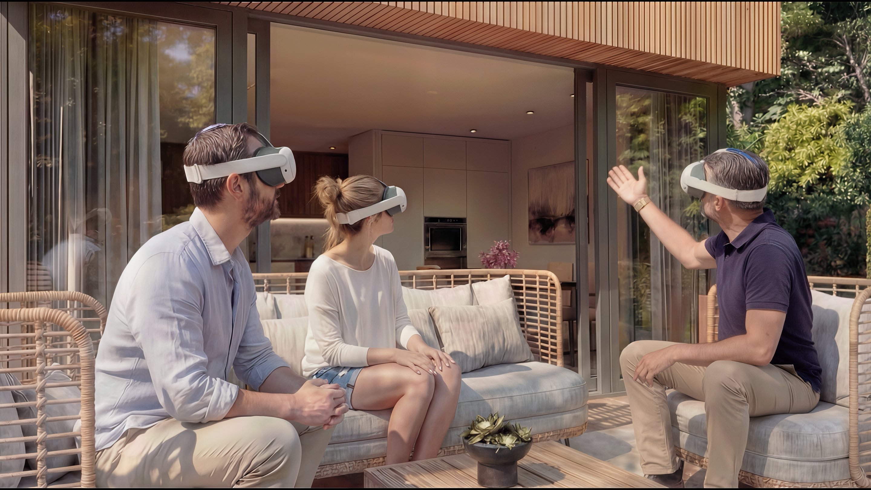 Drie personen met VR-brillen zitten op een bank bij een moderne woning, met grote ramen en een groene omgeving.