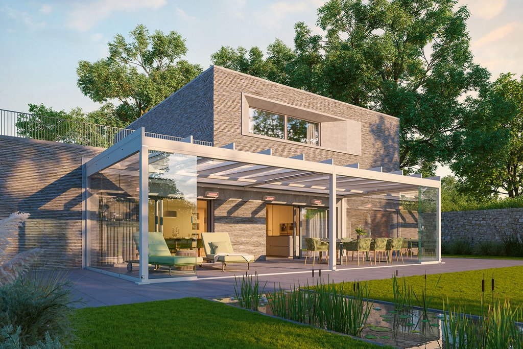 Moderne woning met glazen overkapping en groene tuin in een zonnige omgeving. Moderne woning met glazen overkapping en groene tuin in een zonnige omgeving.
