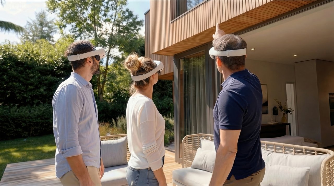 Drie mensen met virtual reality brillen kijken omhoog naar een huis met houten gevel.