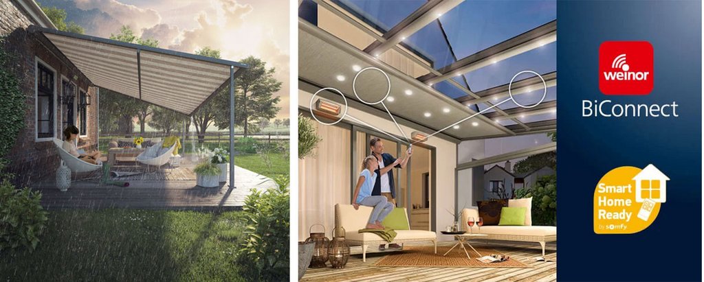 Twee terrassensituaties met een zonnescherm en een overkapping, verlicht met LED-spots in een moderne setting.