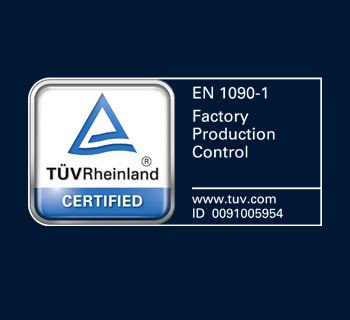 Logo met een blauwe achtergrond, inclusief de tekst "TÜV Rheinland" en een certificeringssymbool.