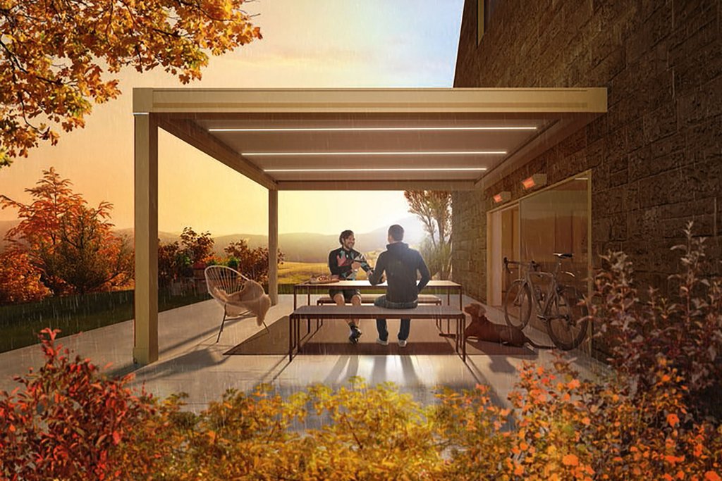 Terrassensituatie met een overkapping, twee personen en een sfeervolle herfstachtige achtergrond. Terrassensituatie met een overkapping, twee personen en een sfeervolle herfstachtige achtergrond.