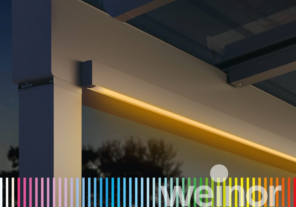 Terrasoverkapping van glas weinor Terrazza Sempra Close Up, met kleurenledbanden