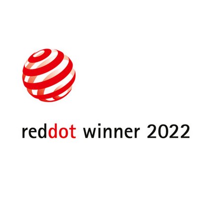 Logo met rode spiraal en tekst "reddot winner 2022" in zwart.