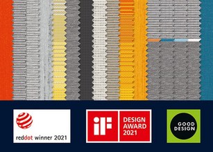 Stofmonsters in verschillende kleuren en texturen, met prijzen en logo's onderaan. 