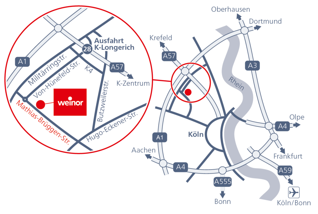 Kaart van de regio rond Köln met een grotere vermelding van een locatie. Dominante kleuren: donkerblauw en rood.