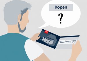 Een man leest een brochure en kijkt vragend naar de tekst "Kopen".