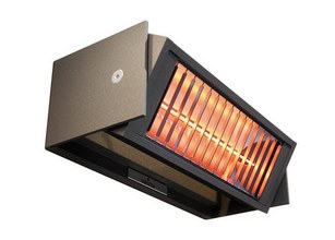 Een wandverwarming met een zwart en goudkleurig ontwerp en oranje warmtestralen. 
