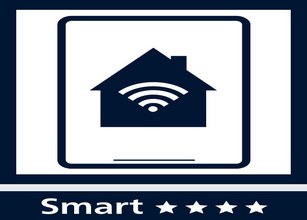 Icon van een huis met wifi-symbool, op een donkere achtergrond met de tekst "Smart". 