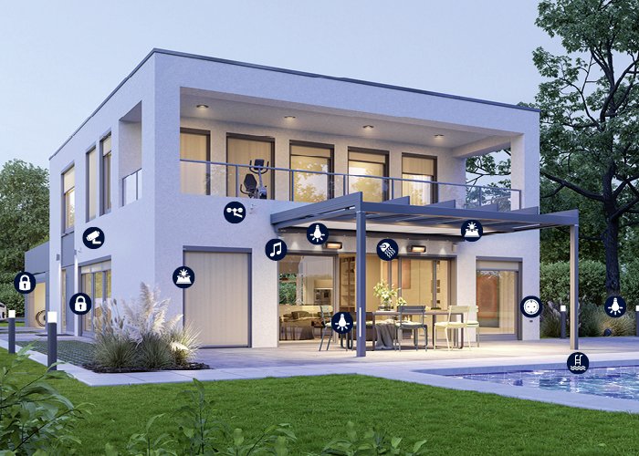 Moderne witte villa met overkapping, tuin en zwembad, omlijst door groen.