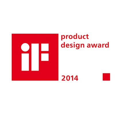 Rood logo met tekst "product design award 2014" en verschillende geometrische vormen in wit.